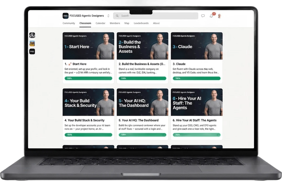 The FAD classroom on Skool, showing the nine course modules, on a MacBook